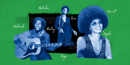 Bob Marley,  Nina Simone and Angela Davis on a green and black background