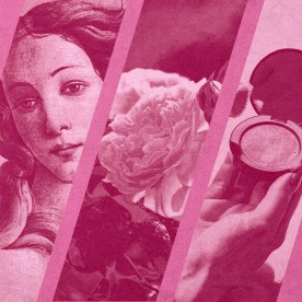 Pink background with three oval cutouts of pink-tinted images; from left to right: up-close shot of the goddess Venus from a painting, a rose, and a hand holding a blush makeup compact.