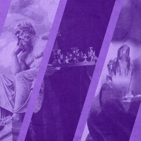 Purple background with oval cutouts of three purple-tinted images; from left to right: classical statue of a man posed thoughtfully, a robed person holding a royal crown, and a hand holding up a purple crystal.